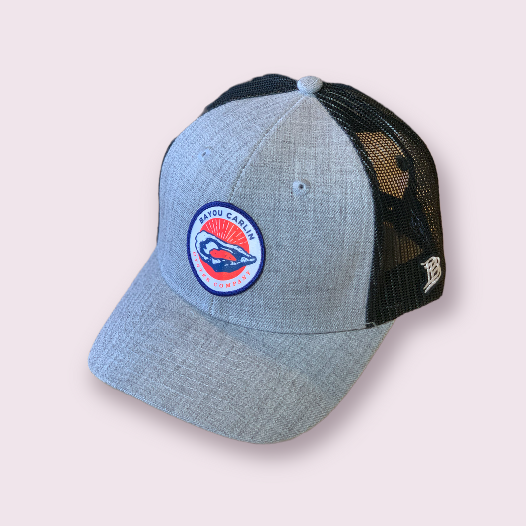 Curved Trucker Hat - Sublimated Patch - Heather Grey/Black